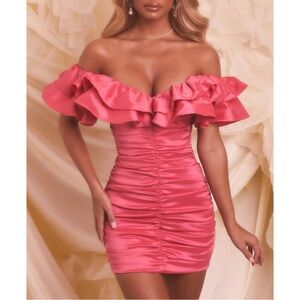 Oh Polly Dreaming Out Loud Bardot Ruffle Mini Dress